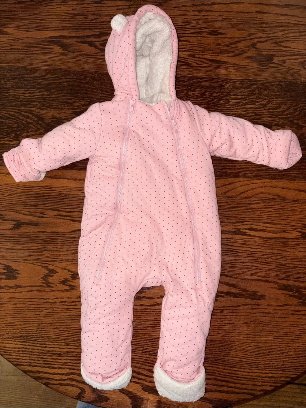 GAP Pink Hooded Baby Snowsuit One-Piece with Tiny Polka Dots